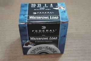 lot 185 image: 25 Federal Speed Shok 20 Gauge 2-34 Steel 4 Shot Waterfowl Shotshells