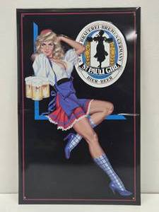 lot 33 image: Great Looking Vintage Early 90s SAINT PAULI GIRL Metal Beer Sign