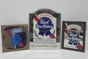 lot 34 image: 3 Vintage 70s-80s PABST Blue Ribbon PBR Advertising Beer Mirror Bar Signs