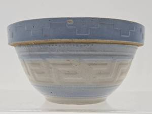 lot 37 image: Vintage Blue &amp White Raised Greek Key Design Stoneware Mixing Bowl