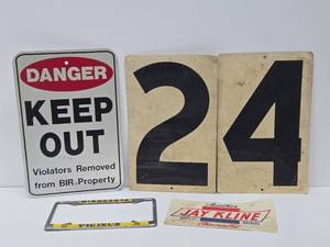lot 43 image: Assorted Advertising Items - License Plate Holder, Keep Out &amp Orig 1950s Gas Station Price Numbers