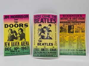 lot 45 image: 3 Older Vintage Reproduction Cardboard Concert Posters - Beatles Doors &amp Woodstock