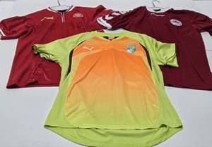 lot 72 image: 3 Like-New Mens Soccer Jerseys - Two are Size XL and One Size L