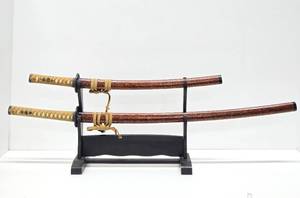 lot 75 image: Set of 2 Japanese Samurai Style Swords wScabbards and Display Stand