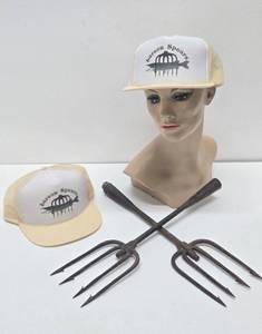 lot 103 image: 2 Antique Fishing Spear Heads wVintage Advertising Hats