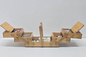 lot 114 image: Quality Dovetailed Wood Expandable Sewing Box wSupplies