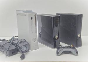 lot 154 image: 3 XBOX 360 Video Games Systems wSome Controllers &amp Adapters