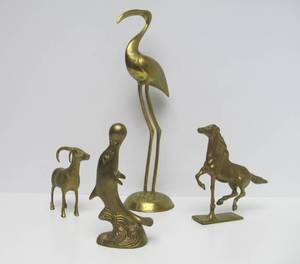 lot 179 image: Group of Vintage Solid Brass Animals - Horse Bird Ram &amp Dolphin