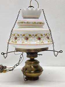 lot 242 image: Lovely Brass &amp Glass Hanging Parlor Lamp