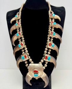 Outstanding Large Sterling Silver Native American Bear claw Necklace w/Turquoise &amp; Coral