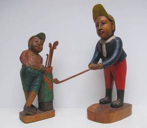 lot 270 image: 2 Large Carved Wood Golfer Statues