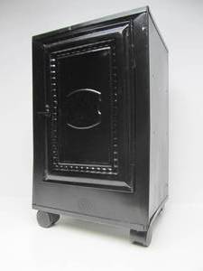 lot 277 image: Restored Antique Tin Pie Safe Cabinet wWheels &amp Glass Top
