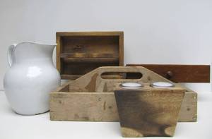 lot 279 image: Group of Primitive Woodenware &amp Enameled Pitcher