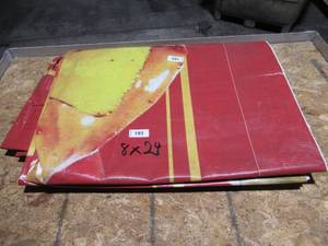 lot 193 image: 8 x 24 7 oz. Black Vinyl Tarp w Advertisement  Reused Billboard  7 mil Lightweight Duty