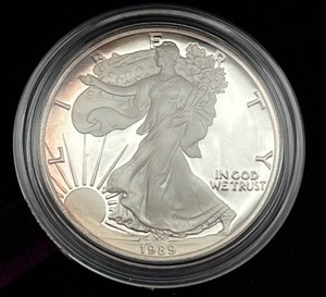 lot 14 image: U.S. Mint 1989-S American Eagle One Ounce Silver Proof Coin w COA