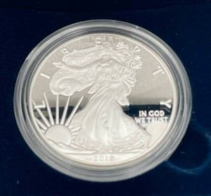 lot 23 image: U.S. Mint 2018-W American Eagle One Ounce Silver Proof Coin w COA