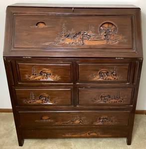 lot 61 image: Asian Carved 5 Drawer Secretary Desk