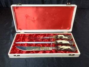 lot 64 image: Anton Wingen Solingen Germany Stag Handles Carving Set in Original Box