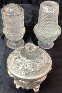 lot 47 image: Liquid Silver Glazed Footed Jeanette Glass Lidded Dish and Fairy Lamps