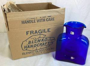 lot 24 image: Vintage Blenko #384 Cobalt Blue Double Spout Water Bottle