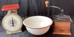 lot 92 image: Vintage Kitchen Bundle - Way Rite Kitchen Scale, Cast Iron Coffee Grinder and 10 Red & White Enamelware Bowl