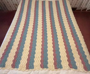lot 59 image: Handmade Multi-color Striped Crocheted Afghan in Mauve, Blue and Cream