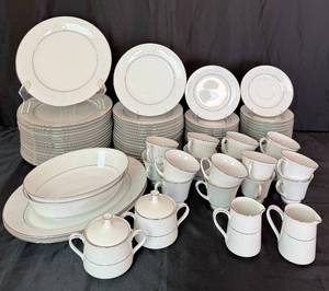lot 96 image: Noritake Tahoe 2585 China Set - White On White Floral Design with Platinum Trim