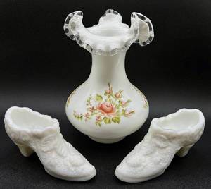 lot 37 image: Kanawha Cabbage Rose Milk Glass Slippers and Vintage Hand Painted Silver Crest Ruffled Vase