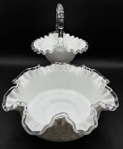 lot 32 image: Fenton Art Glass Silver Crest Spanish Lace Ruffled Bowl and Silver Crest Basket