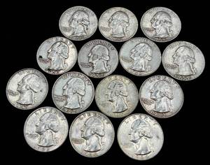 lot 15 image: 14 Washington Quarters 1953- 1964 - 90% Silver