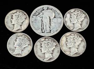 lot 16 image: Standing Liberty Quarter and 5 Mercury Dimes (90% Silver)