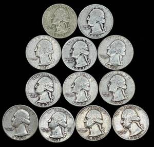 lot 18 image: 12 Washington Quarters 1937-1952 - 90% Silver