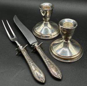 lot 91 image: Sterling Silver Bundle of Weighted Candlesticks and Carving Set with Sterling Handles