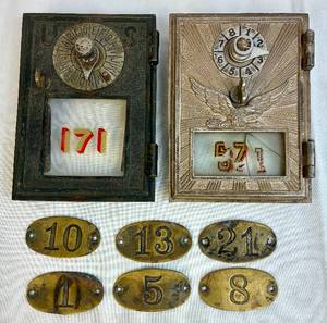lot 154 image: Vintage Post Office Box Doors and Brass Post Office Safe Deposit Box Numbers