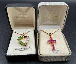 lot 7 image: Two 18kt Gold Over Sterling Silver Necklaces with Rubies and Emeralds