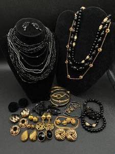 lot 185 image: Vintage Black and Gold Tone Necklaces, Bracelets, Earrings and Brooch