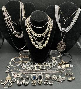 lot 197 image: Silver Tone Assortment of Necklaces, Bracelets, Earrings and Pendants