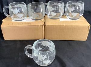 lot 149 image: Vintage Nestle Nescafe Etched Clear Glass World Globe Mugs - Set of 9