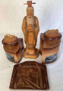 lot 125 image: Ken Jensen Raku Pottery Interlocking  Lidded Jars, Butler Crumb Scraper and Hand Carved Wooden Statue of Chinese Scholar