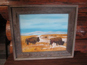 lot 171 image: Barnwood Framed Bison Painting 26x22