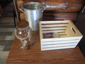 lot 255 image: Turkey Fryer Pot, Drink Dispenser Jar, Wood Crate