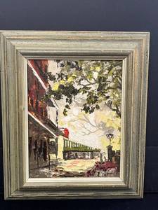 lot 6 image: VTG 1969 Framed Oil Painting by E. Blout, New Orleans French Market Scene, 14x12