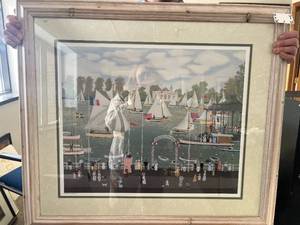 lot 12 image: Framed Michel Delacroix Print, Signed, Sailboat Regatta Scene, 31x36 Inches