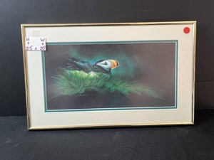 lot 21 image: Annette Hartzell 1984 Puffin Framed Artwork 12.5x20