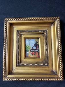 lot 25 image: Framed Oil Painting, Grand Piano in Sunlit Music Room, 9x10 in