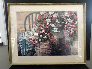 lot 27 image: Framed Print by M. Basel Smith - Floral Basket Artwork 28x35 Inches