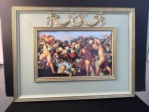 lot 36 image: French Style Framed Print of Cherubs Playing in Flowers 31.5 x 24 in