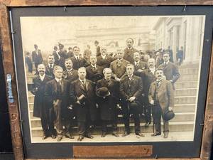 lot 37 image: Lot of 2 Framed Art Pieces - 1906 League of American Municipalities Photo and Cat Drawing on back