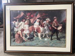 lot 41 image: Large Framed Print by G. Sheridan Knowles, 33x45 Inches, Patriotic Children and Dog Scene