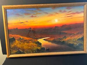lot 45 image: Framed Sunset Landscape Painting Signed by Mele 32x20 inches